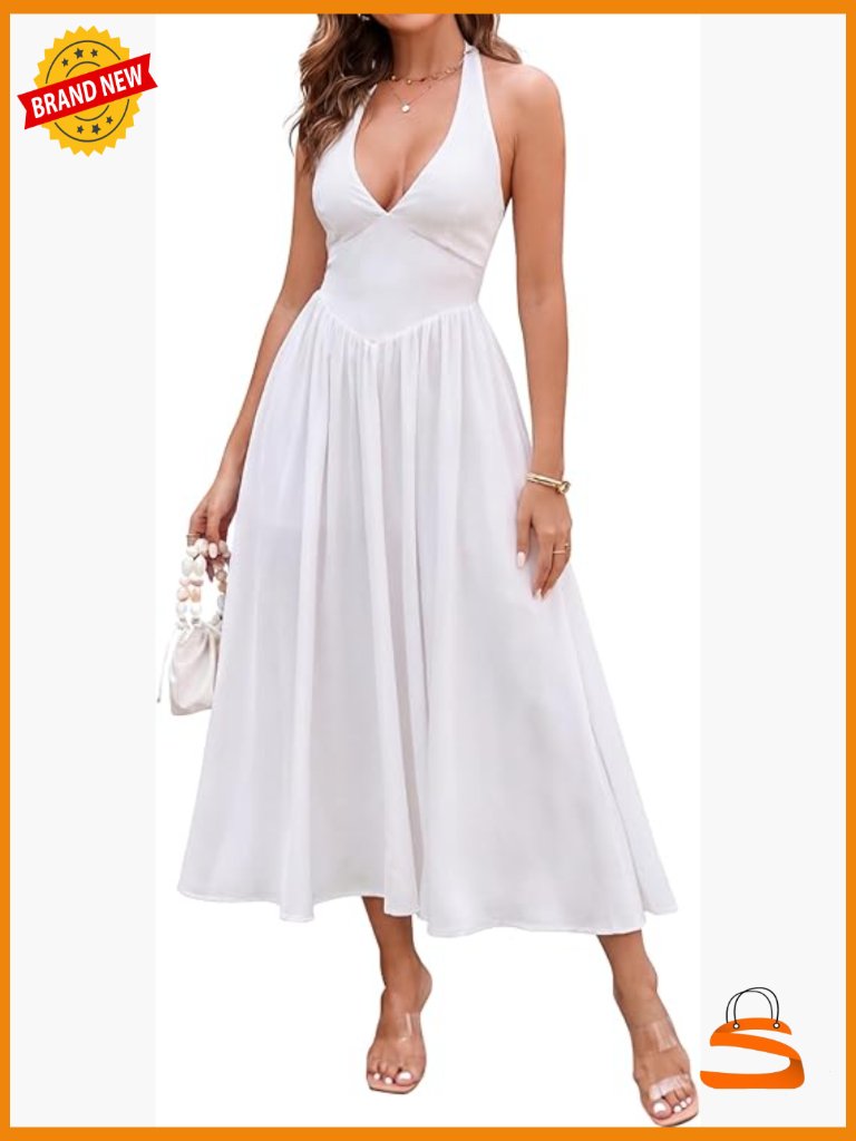 Sleeveless Halter V-Neck Midi Sundress With Smocked Corset & Flowy A-Line Skirt
